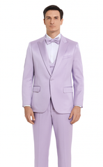 Tazzio Men's Lavender Satin Double Breasted 3-Piece Skinny Fit Suit with Peak Lapel Vest & Matching Bowtie – Stylish Formalwear Set