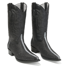 Los Altos Men's Black Stingray with Full Rowstone Finish Snip Toe Boots