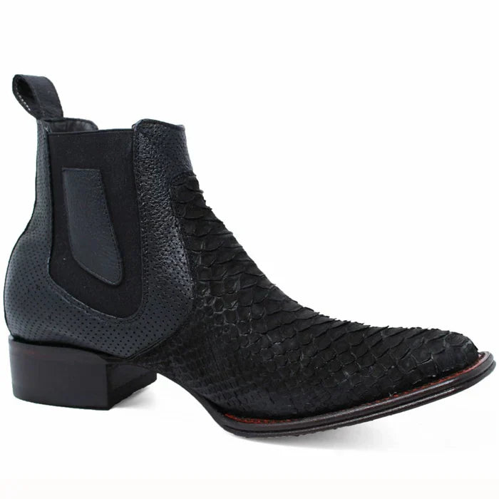 Los Altos Men's Genuine Python Skin Square Toe Ankle Boots - Black 5   - from alligatorwarehouse.com