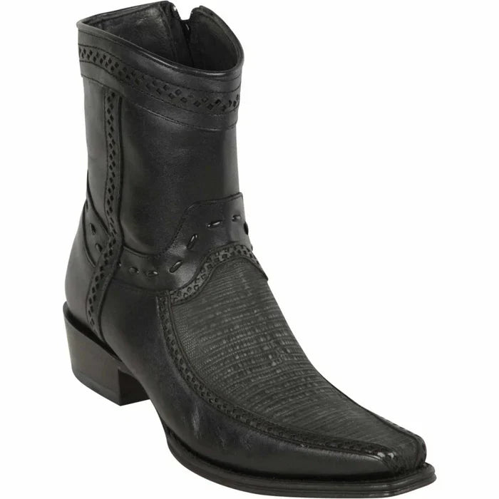 Los Altos Men's Lizard Skin European Toe Short Boots - Sanded Black 1   - from alligatorwarehouse.com
