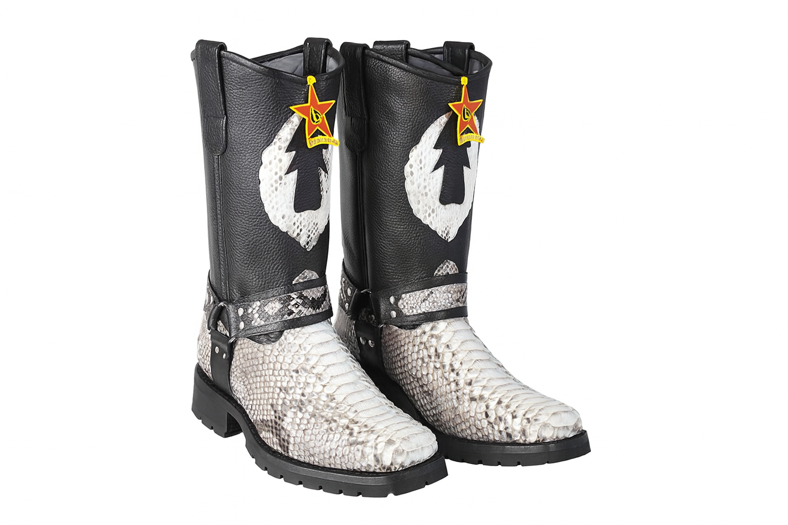 Los Altos Natural Black Python Biker Boots 9   - from alligatorwarehouse.com