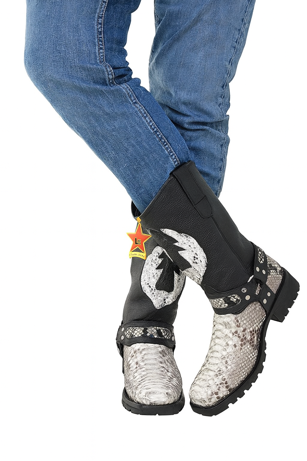 Los Altos Natural Black Python Biker Boots 10   - from alligatorwarehouse.com