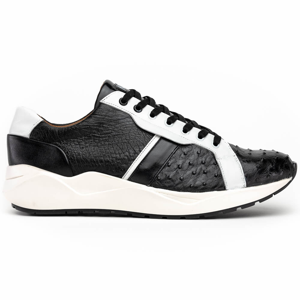 Marco Di Milano Lyon II Ostrich Quill & Calfskin Sneakers 1 LYON II_OSTRICH_BLACK-WITHE_8  - from alligatorwarehouse.com