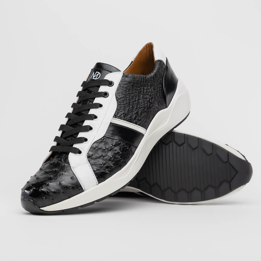 Marco Di Milano Lyon II Ostrich Quill & Calfskin Sneakers 6 LYON II_OSTRICH_BLACK-WITHE_8  - from alligatorwarehouse.com