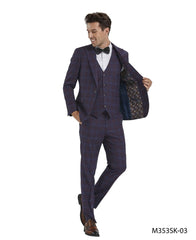 Tazio Men's Fit 3 Piece Plaid Suit Bold Patterned Look