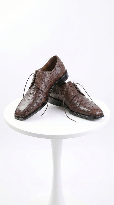 Men’s Los Altos Brown Full Quill Ostrich Dress Shoes with Bicycle Toe and Lace Up Front