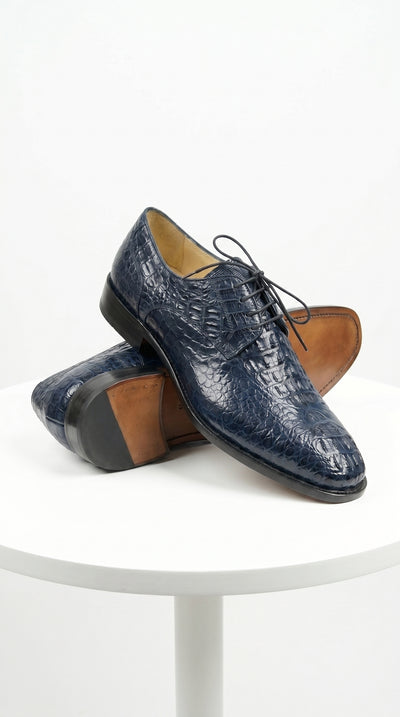 Men’s Los Altos Navy Caiman Hornback Dress Shoes with Plain Toe, Exotic Formal Lace Up Shoes