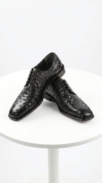 Men’s Los Altos Black Full Quill Ostrich Lace Up Dress Shoes with Bicycle Toe