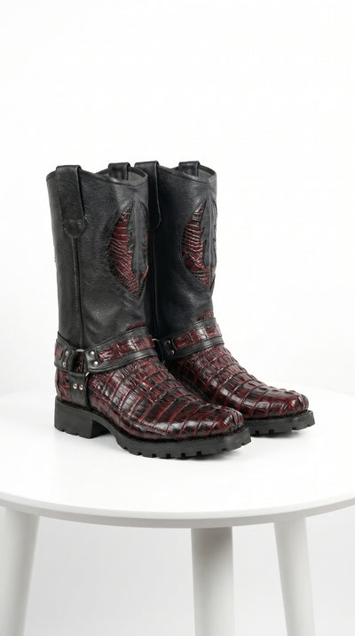 Men’s Los Altos Black and Burgundy Caiman Tail Skin Biker Boots, Exotic Western Motorcycle Boots