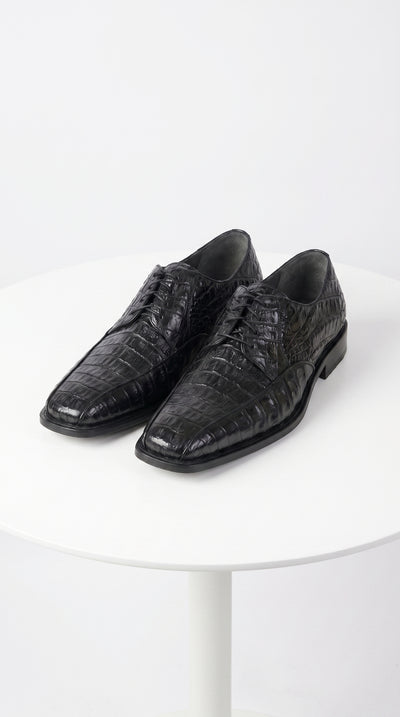 Men’s Los Altos Black Crocodile Bike Toe Dress Shoes, Exotic Formal Lace Up Shoes