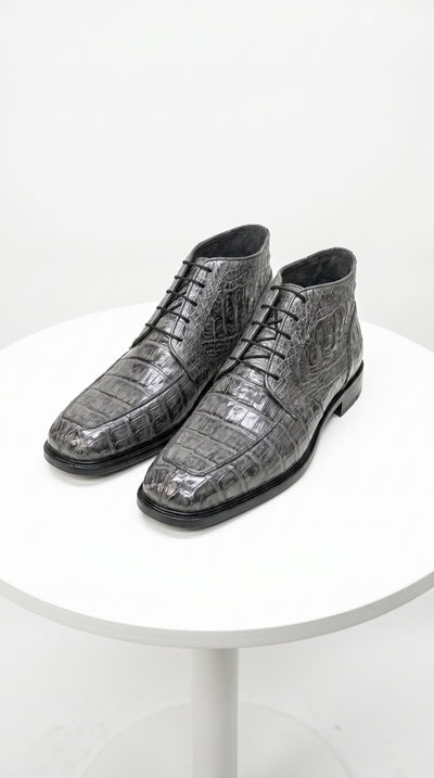 Men’s Los Altos Gray All Over Crocodile Lace Up Dress Ankle Boots, Exotic Formal Boots