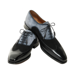 Men Black and Grey Suede Wing Tip Oxford By Mezlan Made In Spain Brand