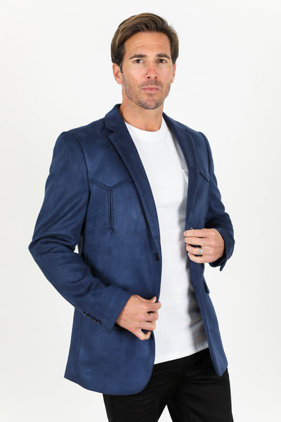 Men’s Navy Faux Suede Blazer – Double Button Smart Casual Jacket