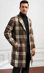 Men Plaid Lapel Neck Slant Pockets Overcoat Multicolor