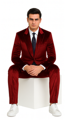 Men’s Burgundy Velvet Peak Lapel Suit – 2-Piece Skinny Fit Formalwear by Tazzio