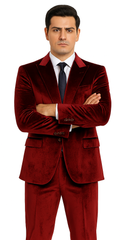 Men’s Burgundy Velvet Peak Lapel Suit – 2-Piece Skinny Fit Formalwear by Tazzio