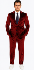 Men’s Burgundy Velvet Peak Lapel Suit – 2-Piece Skinny Fit Formalwear by Tazzio