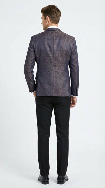 Men’s Navy Blue Plum Burgundy and Gold Jacquard Blazer – Elegant Two Button Formal Dinner Jacket Sport Coat Paisley Floral