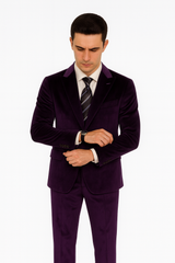 Men’s Purple Velvet Peak Lapel Suit – 2-Piece Skinny Fit Formalwear by Tazzio