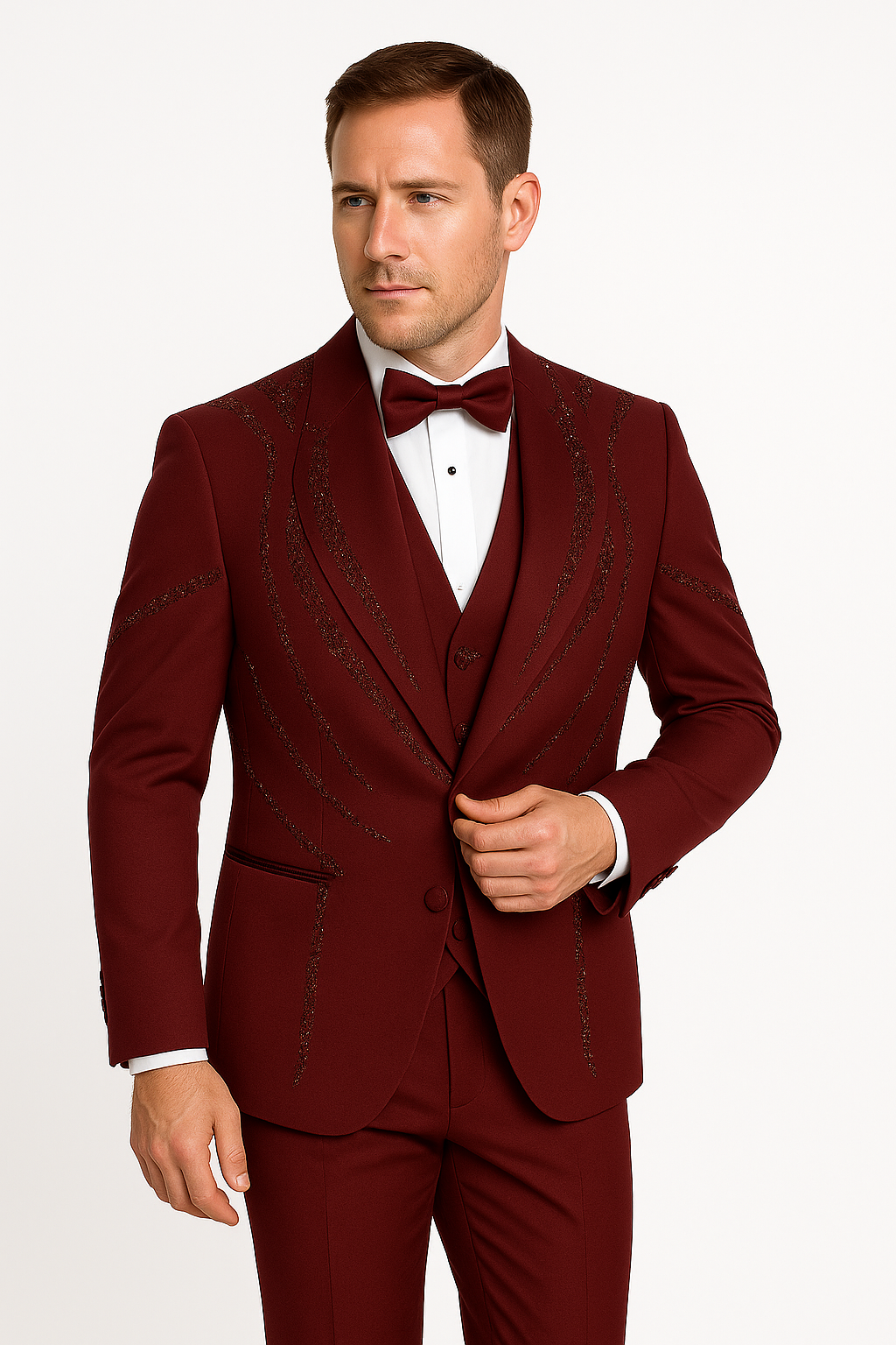 Men’s Burgundy Italian Wool 3-Piece Modern Formal Tuxedo 5   - from alligatorwarehouse.com