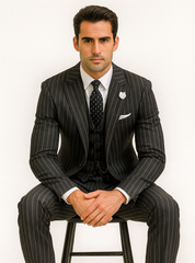 Mens 2 button Gangster Pinstripe Suit in Black & White