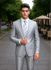 Mens 2 Button Peak Lapel Shiny Sharkskin Suit in Silver