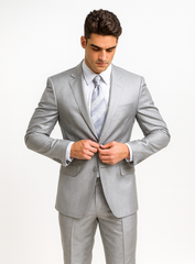 Mens 2 Button Peak Lapel Shiny Sharkskin Suit in Silver