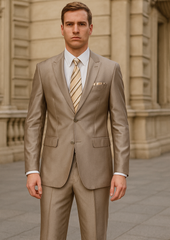 Mens 2 Button Peak Lapel Shiny Sharkskin Suit in Tan