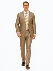Mens 2 Button Peak Lapel Shiny Sharkskin Suit in Tan