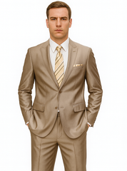 Mens 2 Button Peak Lapel Shiny Sharkskin Suit in Tan