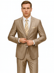Mens 2 Button Peak Lapel Shiny Sharkskin Suit in Tan