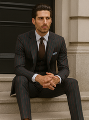 Mens 2 Button Vested 3 Piece Gangster Bold Pinstripe Suit in Burgundy