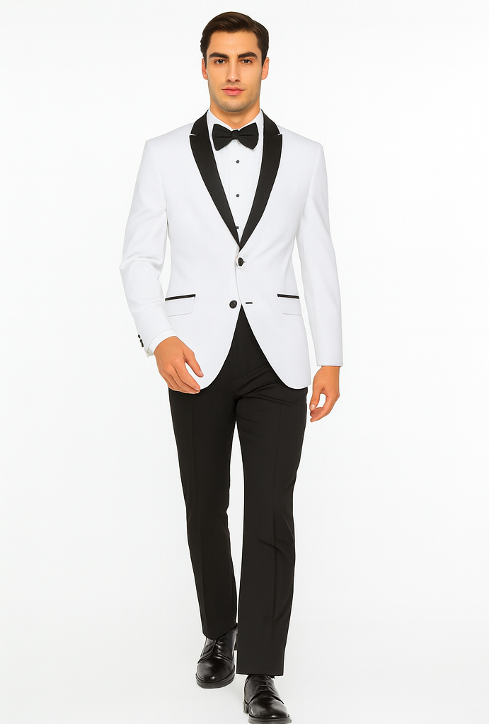 Mens 2 Buttton Slim Contrast Peak Lapel Tuxedo in White 5 SO1S2PS-1_WHITE_40S  - from alligatorwarehouse.com