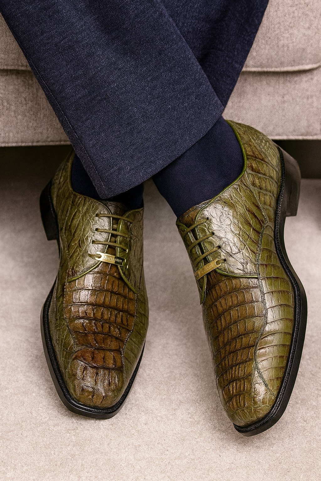 Mens Belvedere Chapo Caiman Crocodile Hornback Dress Shoe in Olive Green Mens Belvedere Chapo Caiman Crocodile Hornback Dress Shoe in Olive Green