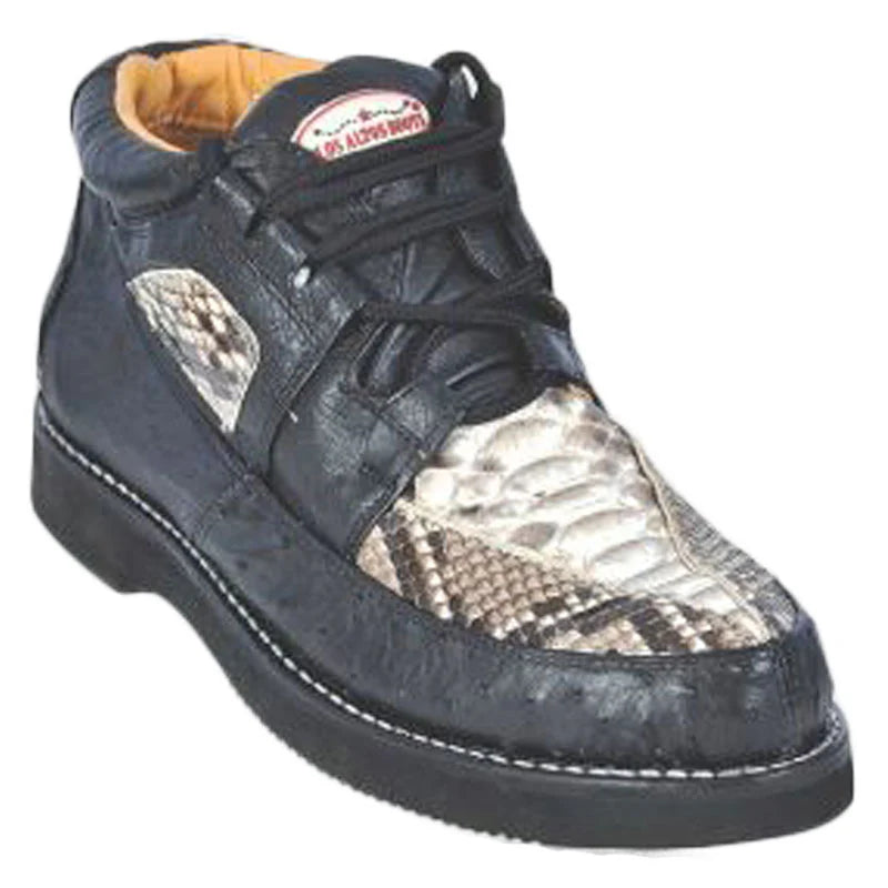 Mens Black and Natural Exotic Alligator Crocodile Casual Shoes – Ostrich and Snakeskin Pattern Lace Up Dress Shoes - Boot By Los Altos
