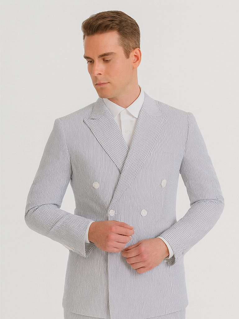 Mens Blue Pinstripe Summer Seersucker Double Breasted Suit 8   - from alligatorwarehouse.com
