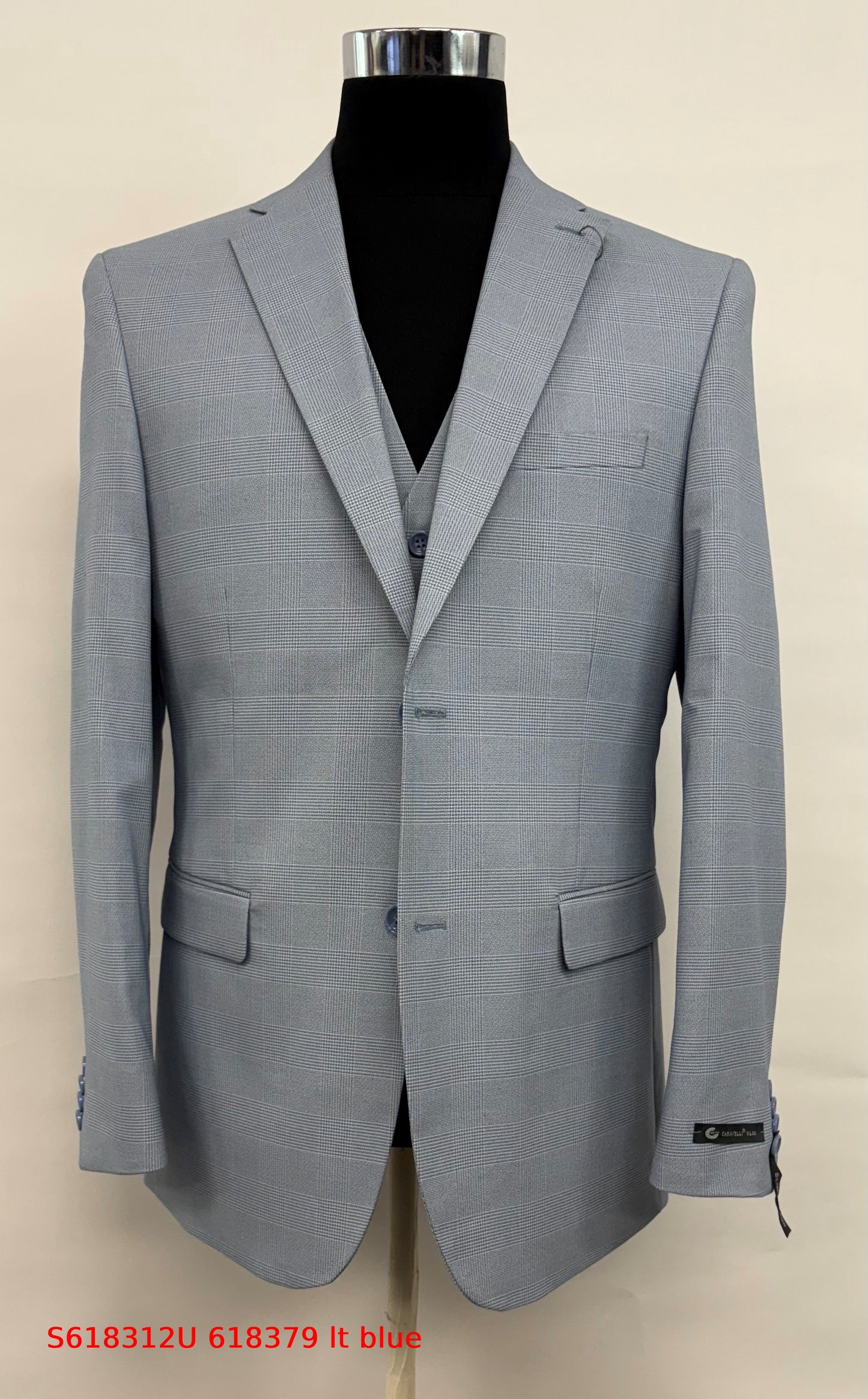 Men’s Blue Plaid 3-Piece Tailored Fit Suit with Vest