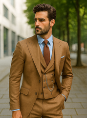 Men’s Camel Brown 3-Piece Suit with Vest and Chain – Formal Wear