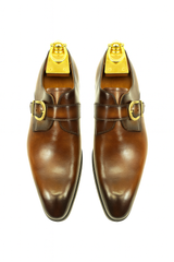 Mens Carrucci Classic Leather Fade Single D-Buckle Monk Strap Dress Shoe in Chestnut