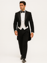 Mens Classic Black Tail Tuxedo with White Vest