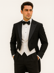 Mens Classic Black Tail Tuxedo with White Vest