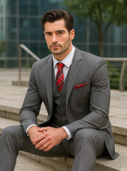 Mens Classic Vested Pinstripe Suit in Medium Grey