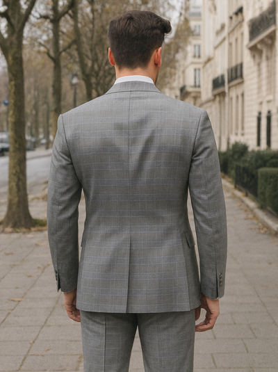 Mens Classic Wool Feel Double Breasted Glen Plaid Suit in Grey