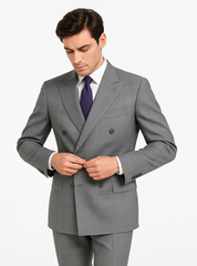 Mens Classic Wool Feel Double Breasted Glen Plaid Suit in Grey