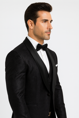 Classic Black Floral Lace Tuxedo with Vest – Modern Men’s Wedding Suit