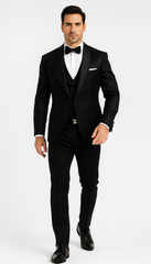 Classic Black Floral Lace Tuxedo with Vest – Modern Men’s Wedding Suit
