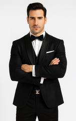 Classic Black Floral Lace Tuxedo with Vest – Modern Men’s Wedding Suit