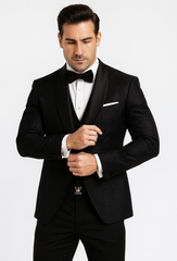 Classic Black Floral Lace Tuxedo with Vest – Modern Men’s Wedding Suit