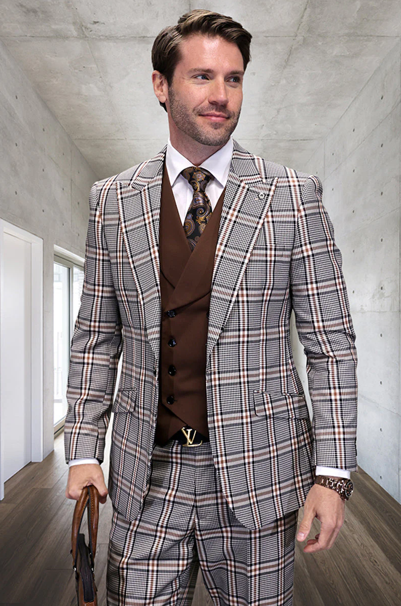 Marc Darcy Wedding Suits Men's Designer Vested Wide Peak Lapel Houndstooth Plaid Suit in Tan