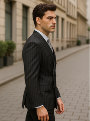 Mens Double Breasted Gangster Bold Pinstripe Suit in Black